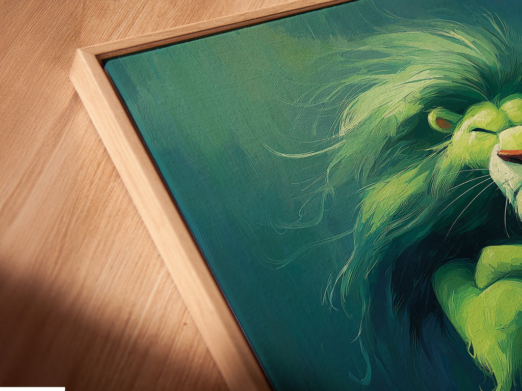 Close up view of a canvas print in a floating frame. The Lion King Simba artwork looks stunning. A modern framing style enhances the playful scene. It makes it perfect for a nursery or kids room.