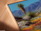 A close-up shows a canvas print in a floating frame. This desert wildflower artwork is beautifully displayed. The floating frame adds depth to the colorful landscape print. It's ideal for showcasing Southwest nature wall decor. This artwork elevates your space.