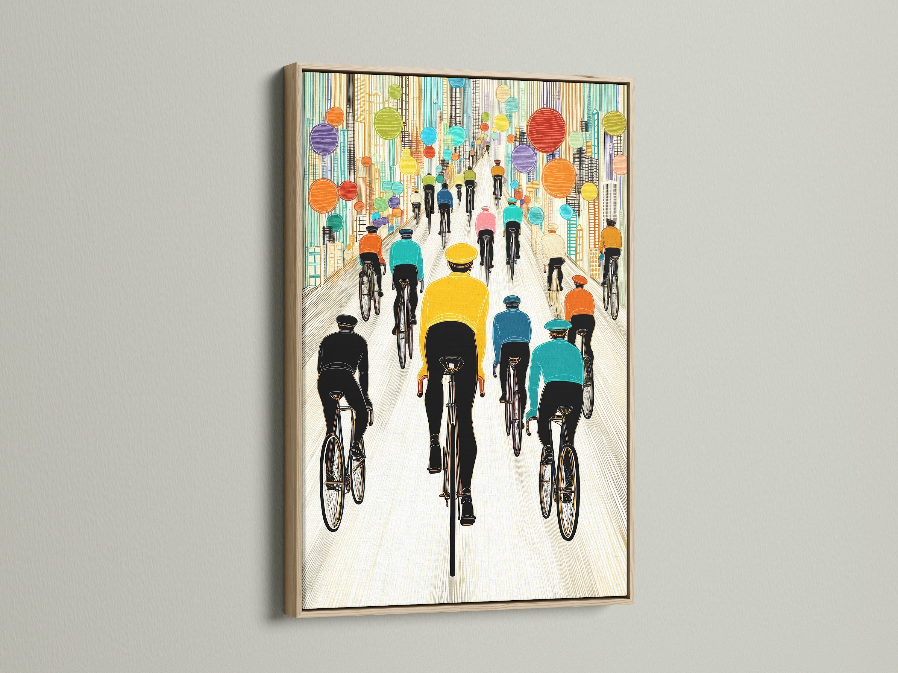 Bicycle Race canvas print in an oak frame. The vibrant cityscape art adds a touch of modern style. Ideal for cycling enthusiasts and art lovers. Elevate your space with this unique cycling print today.