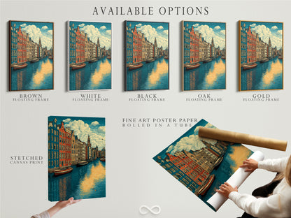 Impression d’art Amsterdam Canal - Art mural urbain européen, Affiche voyage vintage pour décor du salon, Toile d’architecture néerlandaise