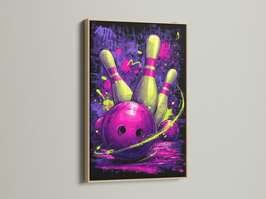 This retro bowling alley canvas print is framed in oak. See the vivid neon purple sports wall art. It captures a dynamic bowling strike. Ideal for enhancing your game room decor with vintage sports art. The oak frame complements the artwork's bold colors.