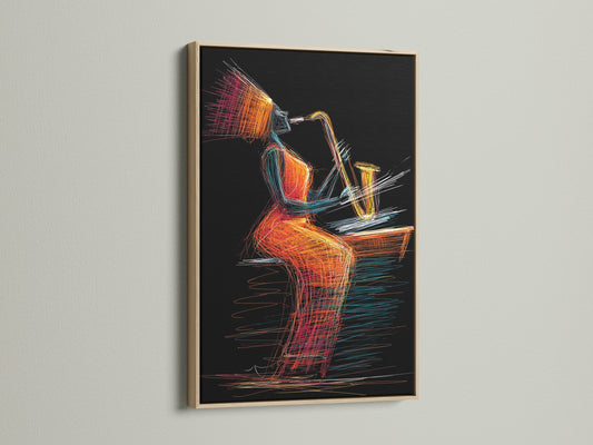 Jazz saxophone art displayed in an oak frame. This colorful line art print adds a vibrant touch to any space. Perfect for music rooms or jazz club decor this saxophone art is a music lover's delight.