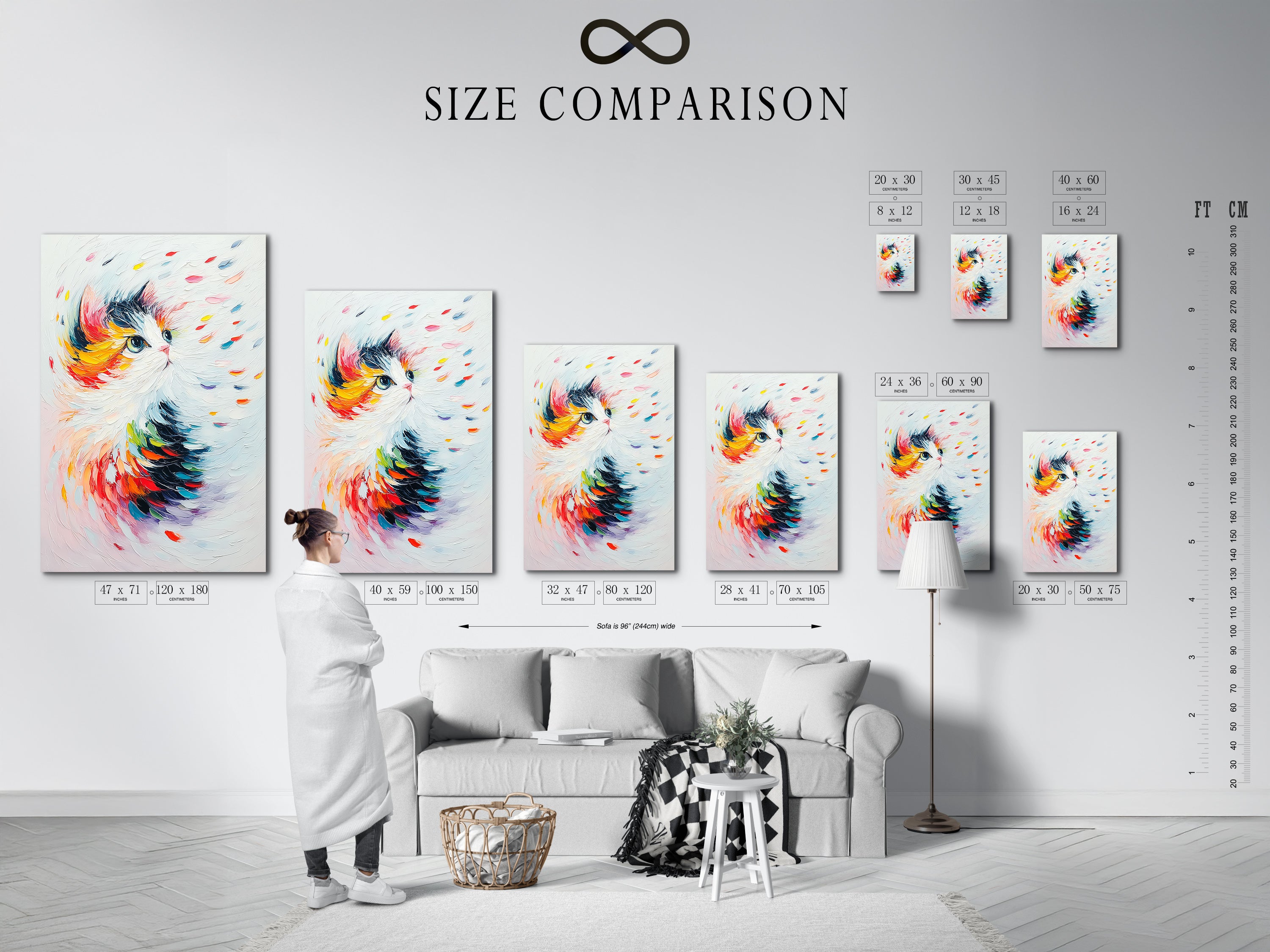 This size comparison chart shows the colorful cat art print in an interior setting. Visualize how this abstract feline canvas artwork fits in your home. Perfect for planning your wall decor. It will help you choose the ideal size for your space.