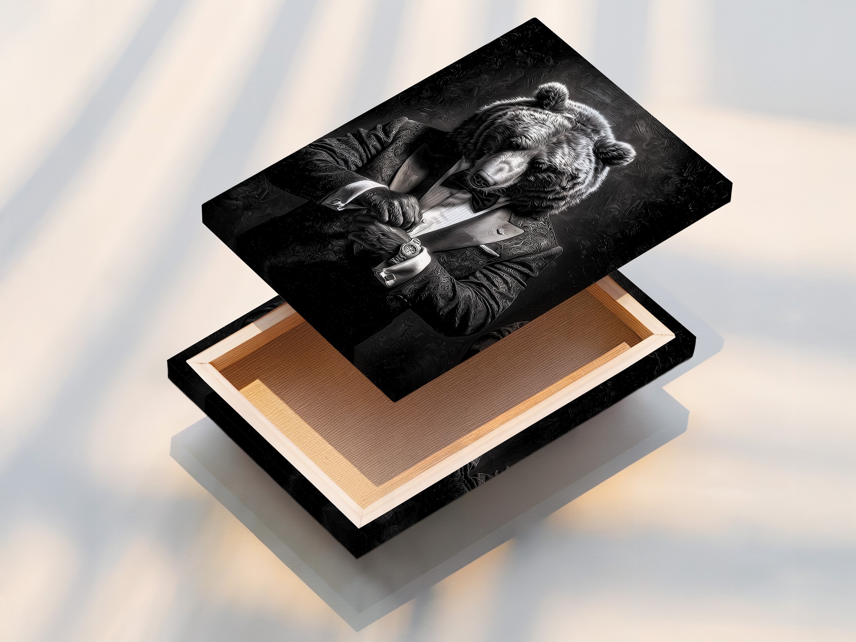 This is a stretched canvas print featuring a bear in a tuxedo. The canvas is tightly stretched over a wooden frame. It is ready to hang. Stretched canvas prints offer a professional and polished look. They are perfect for adding art to your walls without the need for additional framing. Enjoy vibrant colors and detailed artwork.