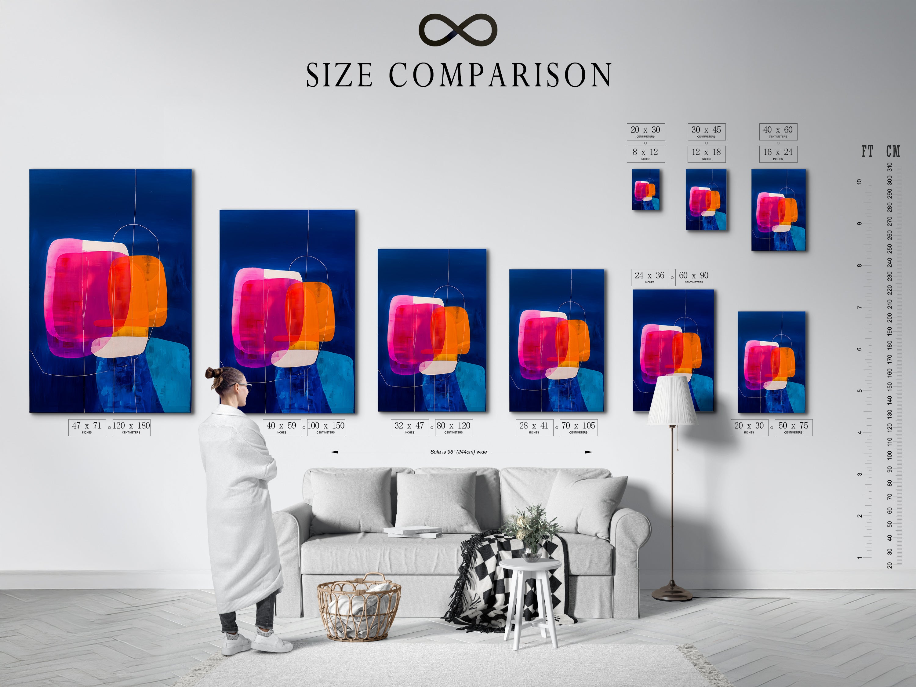 A size comparison chart is displayed in an interior setting. It shows how different sizes of artwork fit in a room. Helping you visualize the perfect dimensions for your space. Choose the ideal size for your abstract geometric canvas art