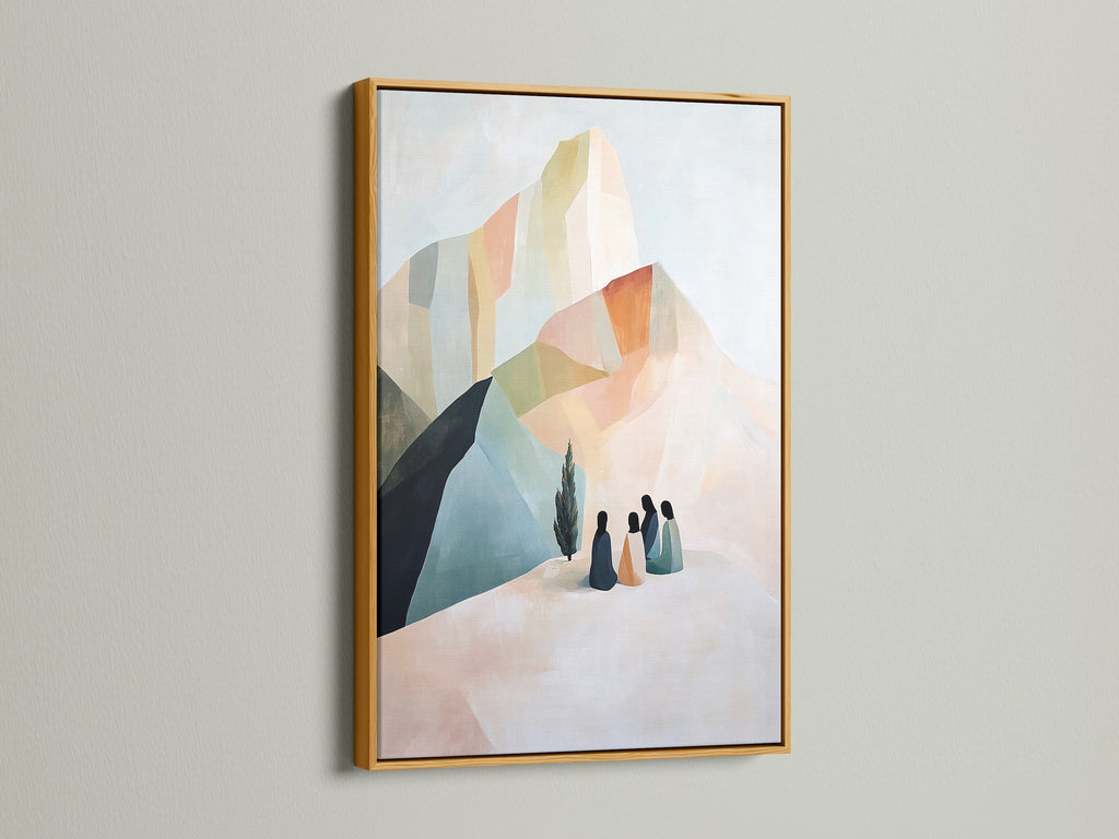 Beige and blue abstract mountain artwork in a gold frame. Contemporary wall decor for minimalist and modern aesthetics. Perfect as living room or bedroom art. It is a luxurious piece.