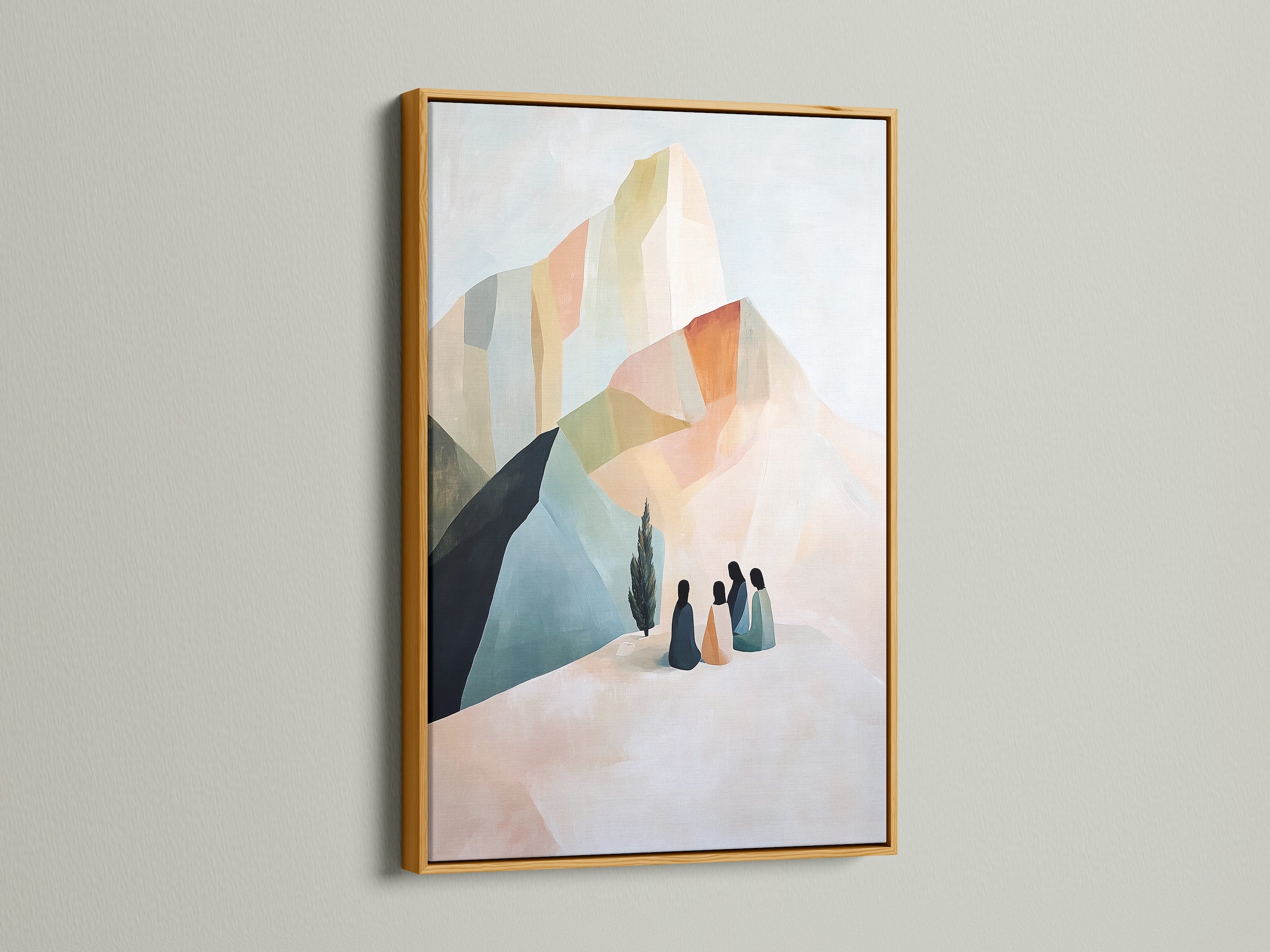 Beige and blue abstract mountain artwork in a gold frame. Contemporary wall decor for minimalist and modern aesthetics. Perfect as living room or bedroom art. It is a luxurious piece.