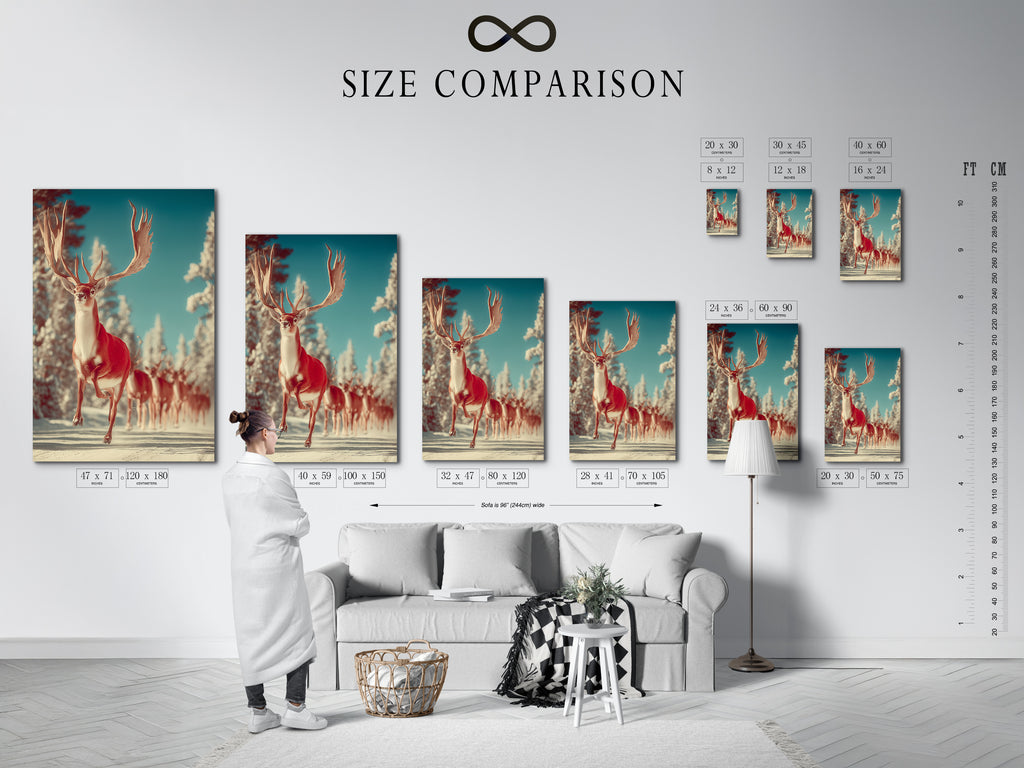 A size comparison chart in an interior setting shows the different sizes available for the Winter Deer canvas print. This chart helps you visualize the artwork in your space. It ensures you choose the perfect size for your living room bedroom or cabin.