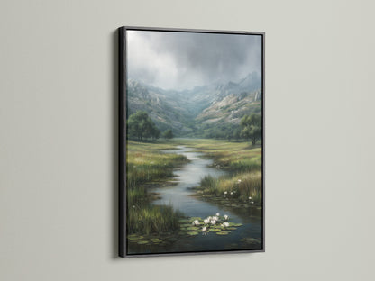 A striking black frame surrounds a landscape artwork. The art print showcases a river flowing through a lush valley. The dark frame adds contrast to the artwork and the light wall. This creates a bold and sophisticated look. The artwork becomes a focal point in the room.
