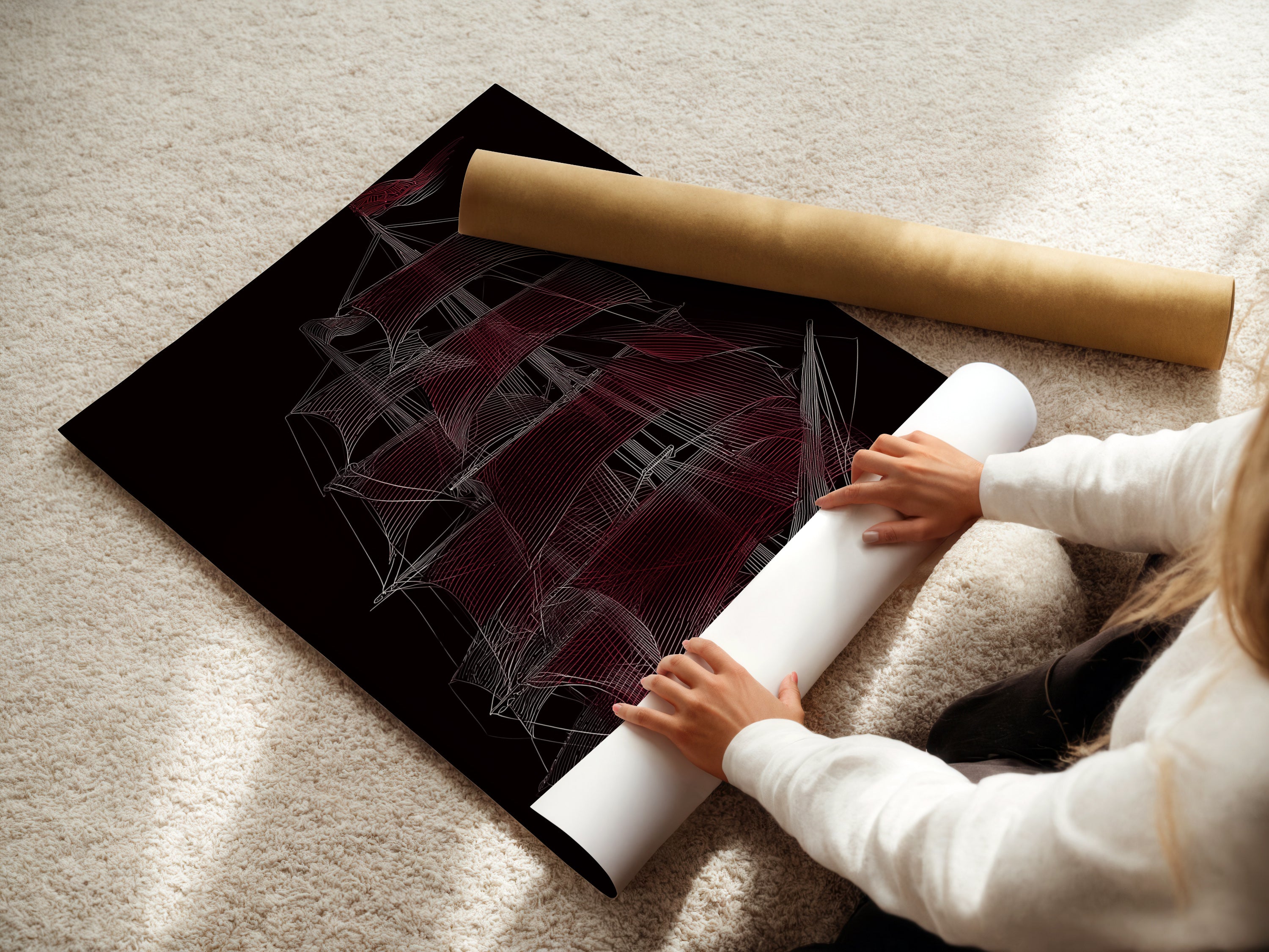 A woman is carefully rolling a Fine Art Poster Paper print of a Sailing Ship. The nautical vessel artwork is perfect for coastal decor. It's an ideal gift for maritime professionals and art lovers.