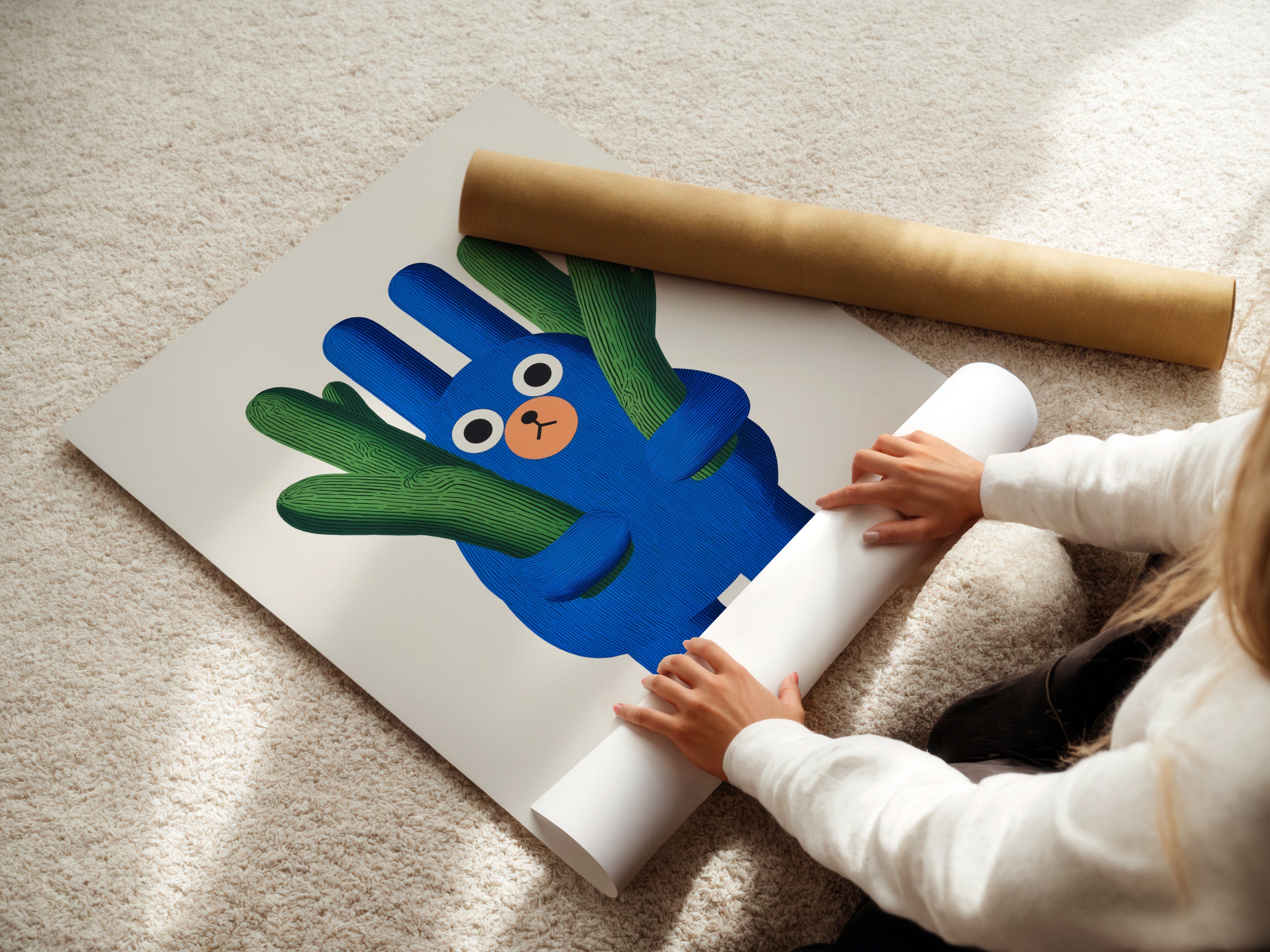 A woman is carefully rolling a fine art poster paper. She is preparing a cute cactus art print. This blue green nursery wall art will soon be ready for a kids room. The whimsical plant artwork is perfect for children wall decor.