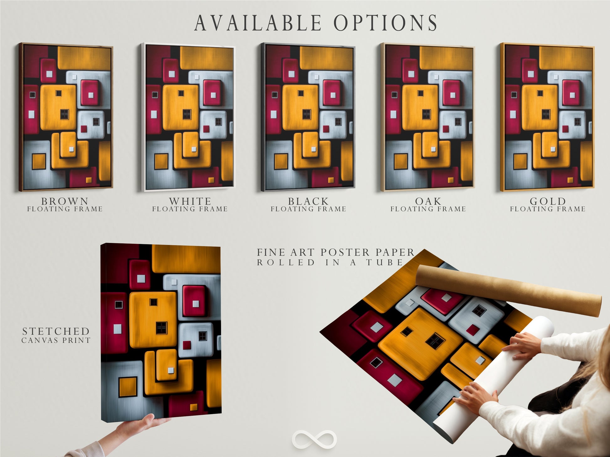 Explore available options including a stretched canvas print fine art poster paper and floating frame. Customize your geometric abstraction to fit your style. Find the perfect modern wall decor for your space today. Elevate your artwork.