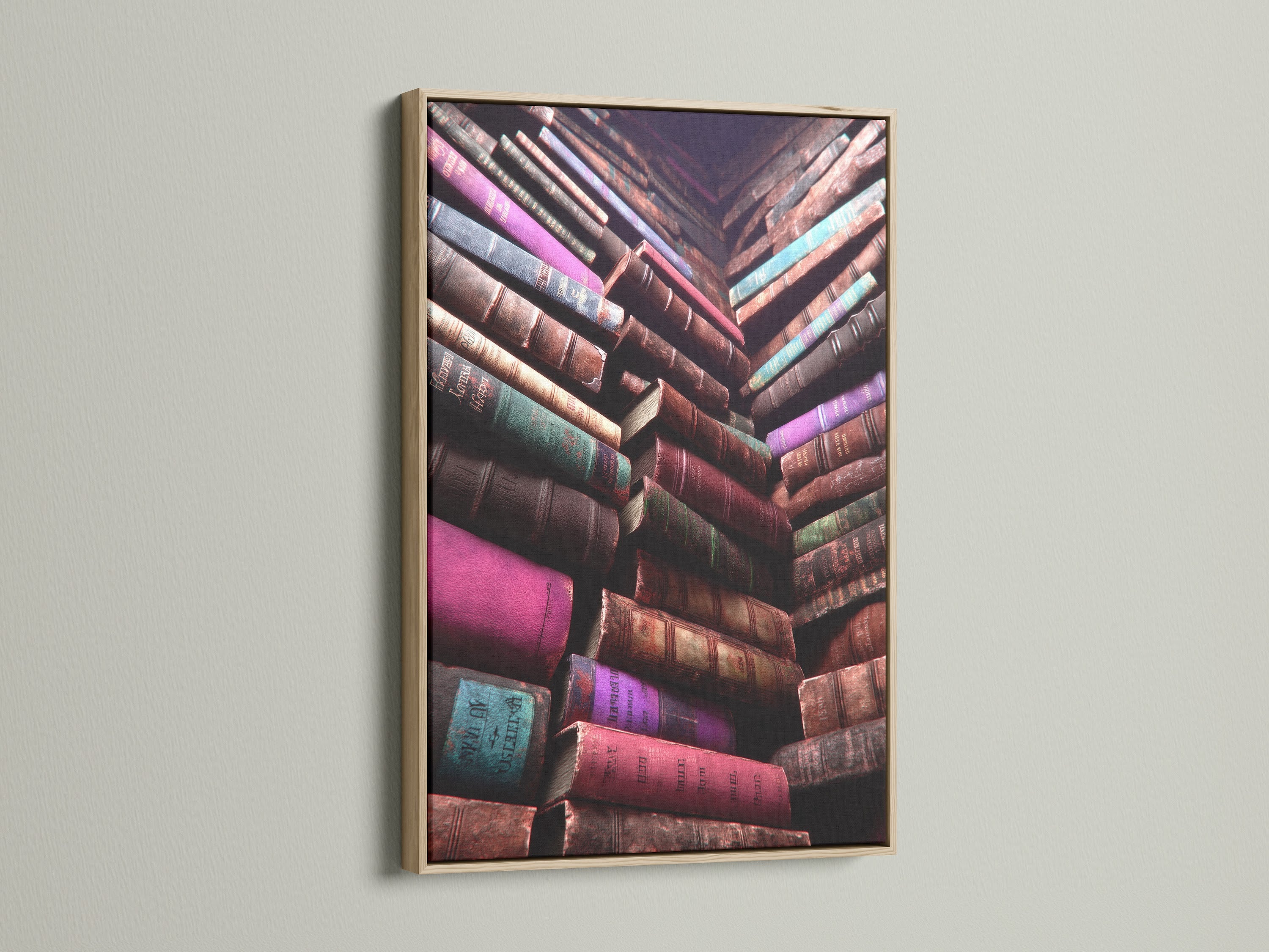 Vintage Books Canvas Artwork with an oak frame. It is a great choice for library-themed styles. This stacked book wall art creates a classic look. Ideal antique library decor for a home office. It is a book lover gift. Perfect for academia decor.