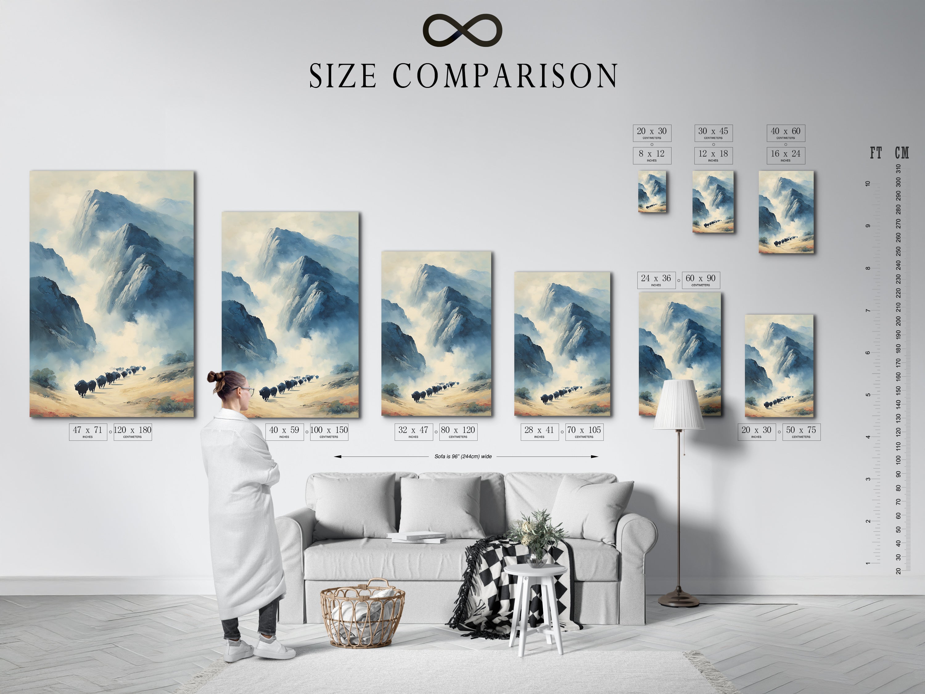 This size comparison chart helps you visualize artwork in your space. See how different sizes fit your interior. Choose the perfect size for your buffalo art. Ensure your mountain canvas complements your room. The chart offers a clear visual guide. It helps you make informed decisions. Find the ideal size for your animal wall art. Make your space look its best.