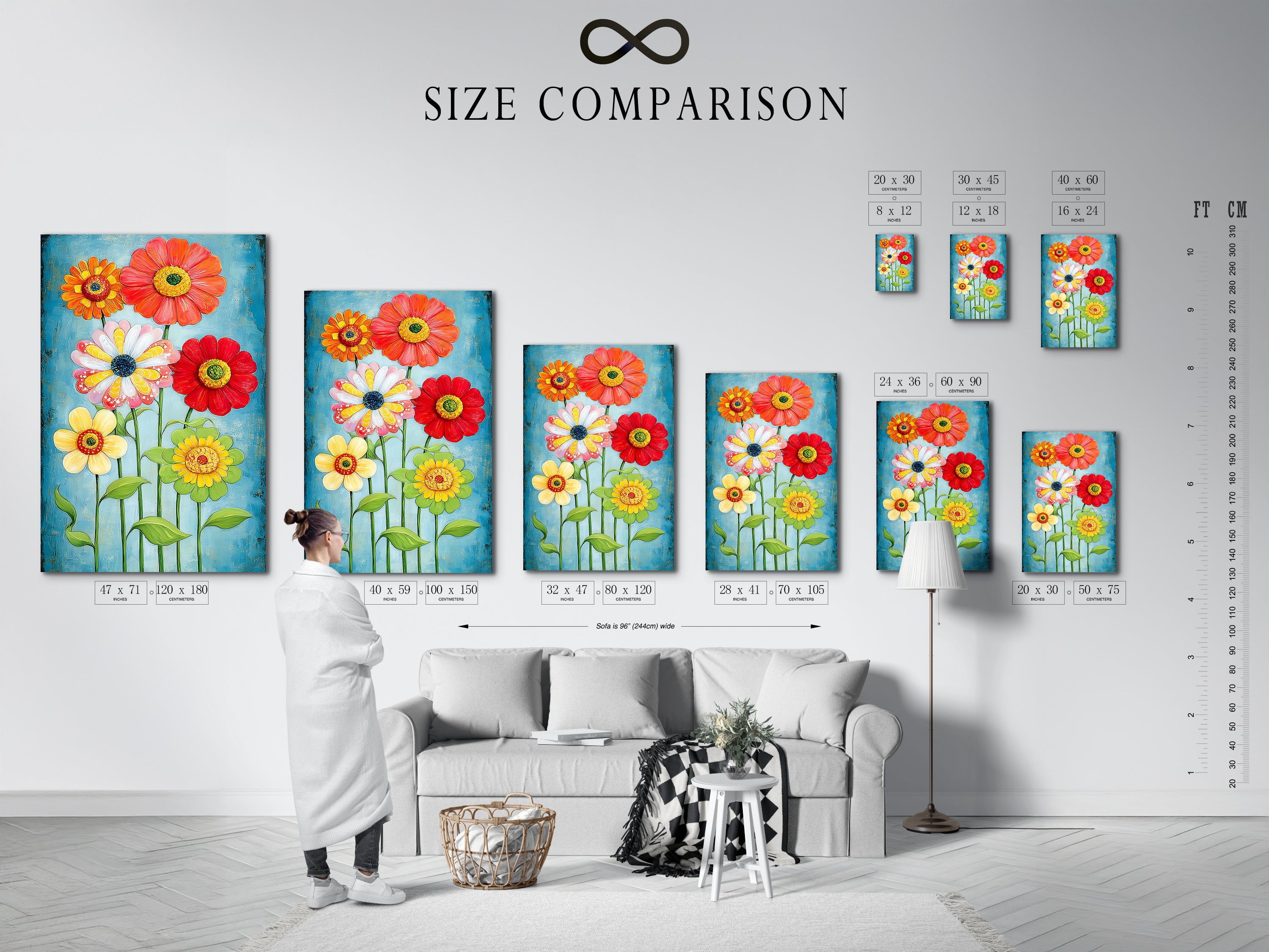 A size comparison chart is displayed in an interior setting. It shows the floral canvas print in various sizes. The colorful flower garden artwork fits different spaces. This modern botanical print is versatile for wall decor. Choose the perfect size for your bedroom or café.