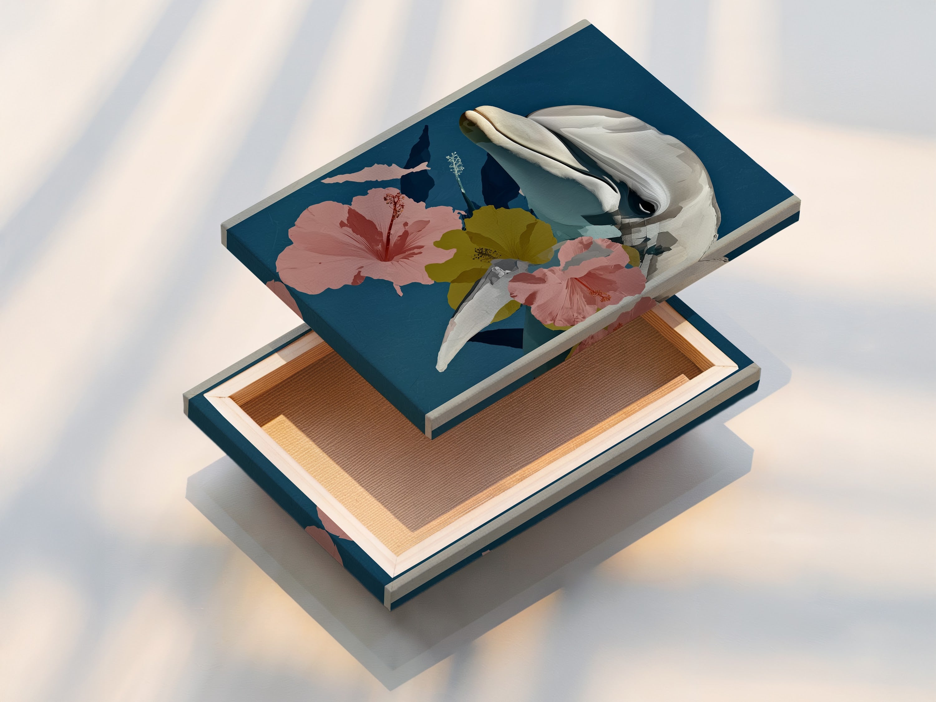 A stretched canvas print of a whale botanical art print. This tropical hibiscus canvas print is perfect for coastal bedroom decor. The ocean animal wall art is a great addition to any room. Add a coastal style.