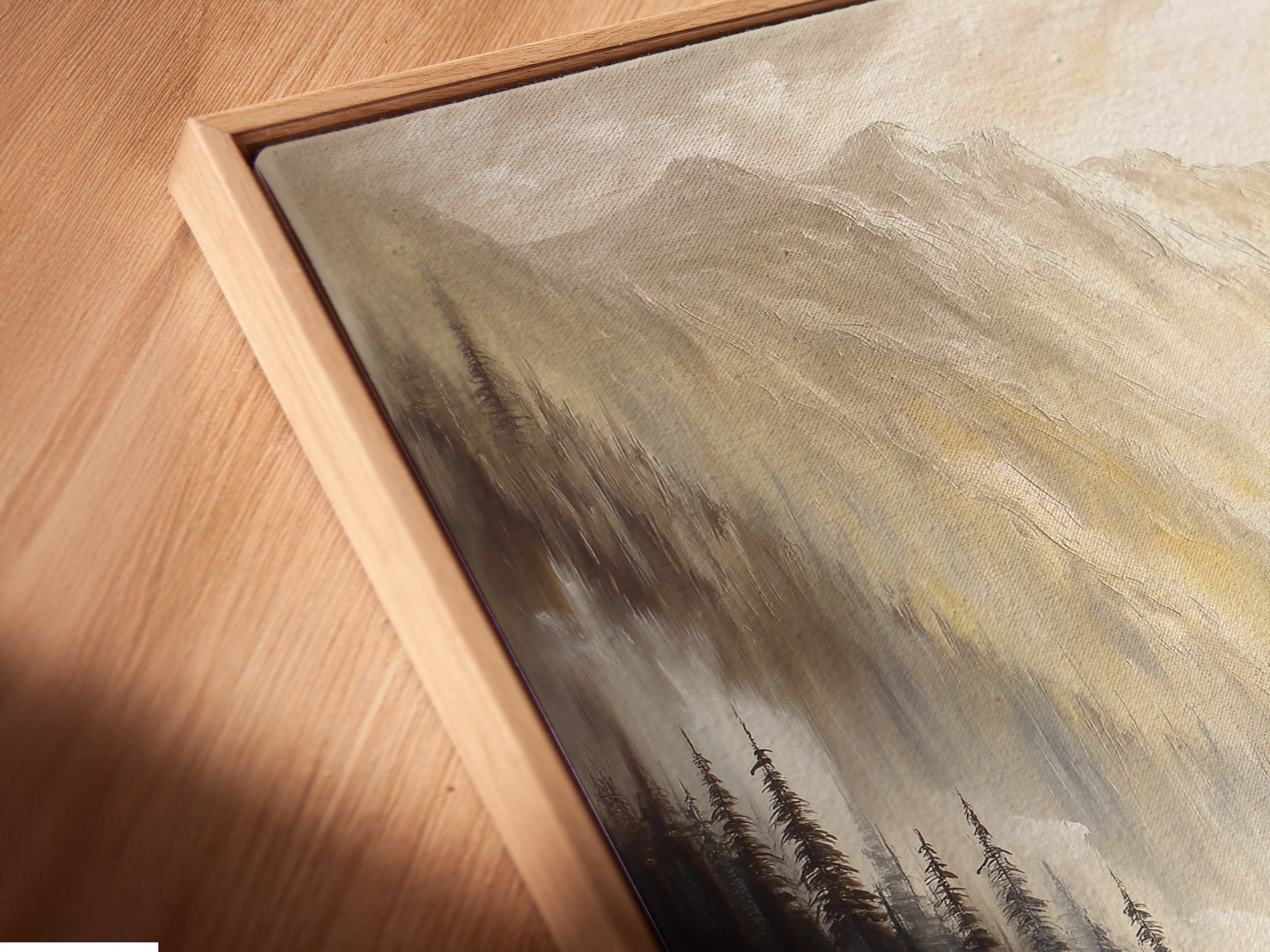 A close-up of a canvas print in a floating frame. The Mountain Cabin artwork looks modern and stylish. The frame enhances the artwork. Perfect for any room. Shop now to elevate your space. The floating frame adds sophistication.