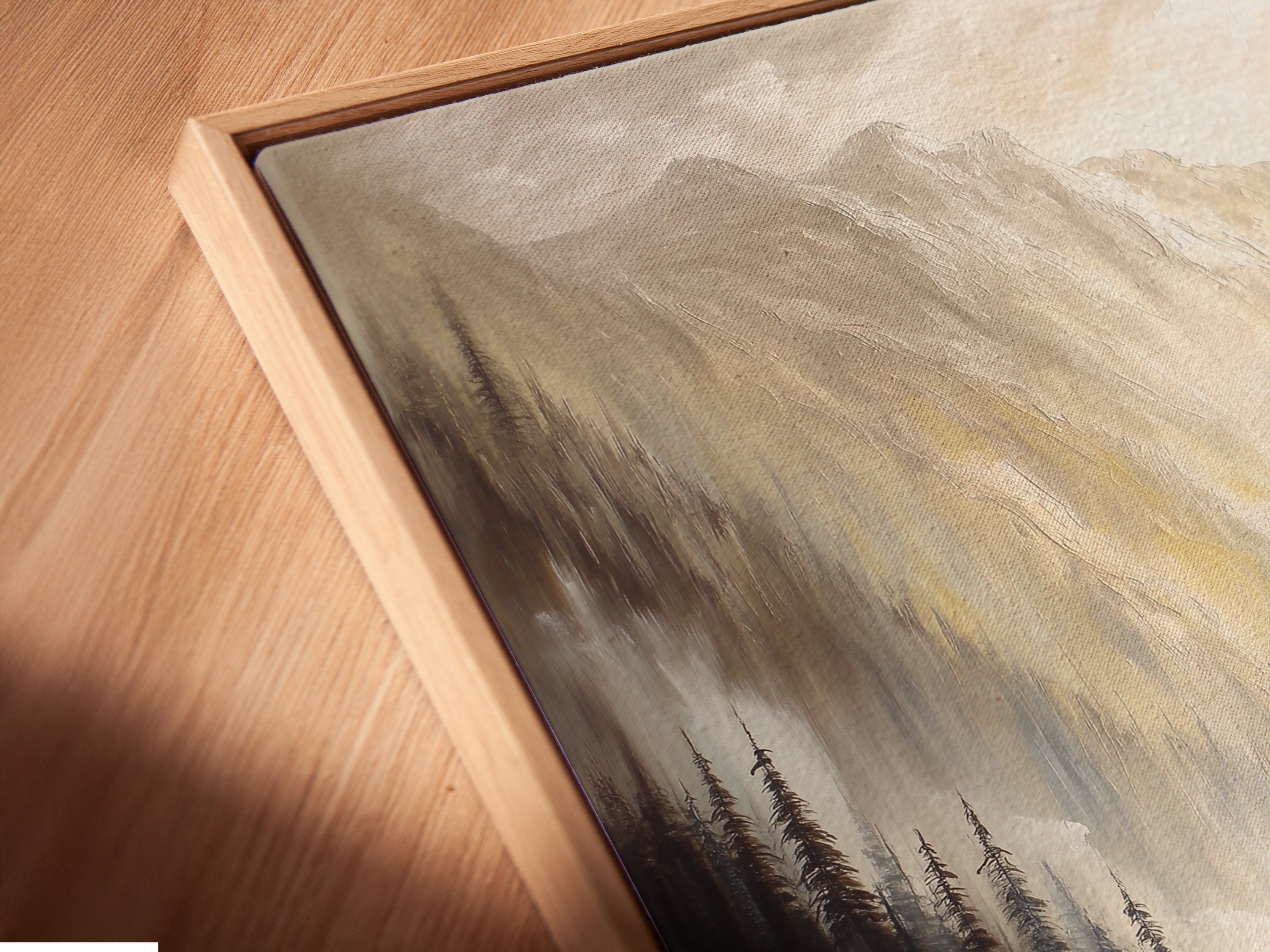 A close-up of a canvas print in a floating frame. The Mountain Cabin artwork looks modern and stylish. The frame enhances the artwork. Perfect for any room. Shop now to elevate your space. The floating frame adds sophistication.