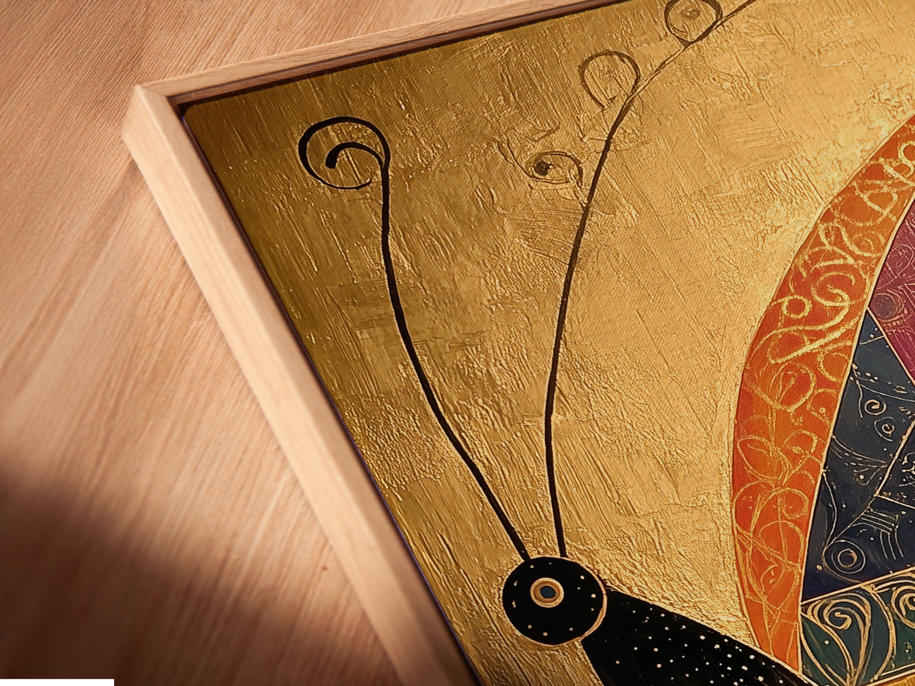 This is an angled close-up of a canvas print. It is presented in a floating frame. The floating frame creates a unique shadow effect. This enhances the art's visual appeal. Floating frames offer a modern and sophisticated look. See the difference