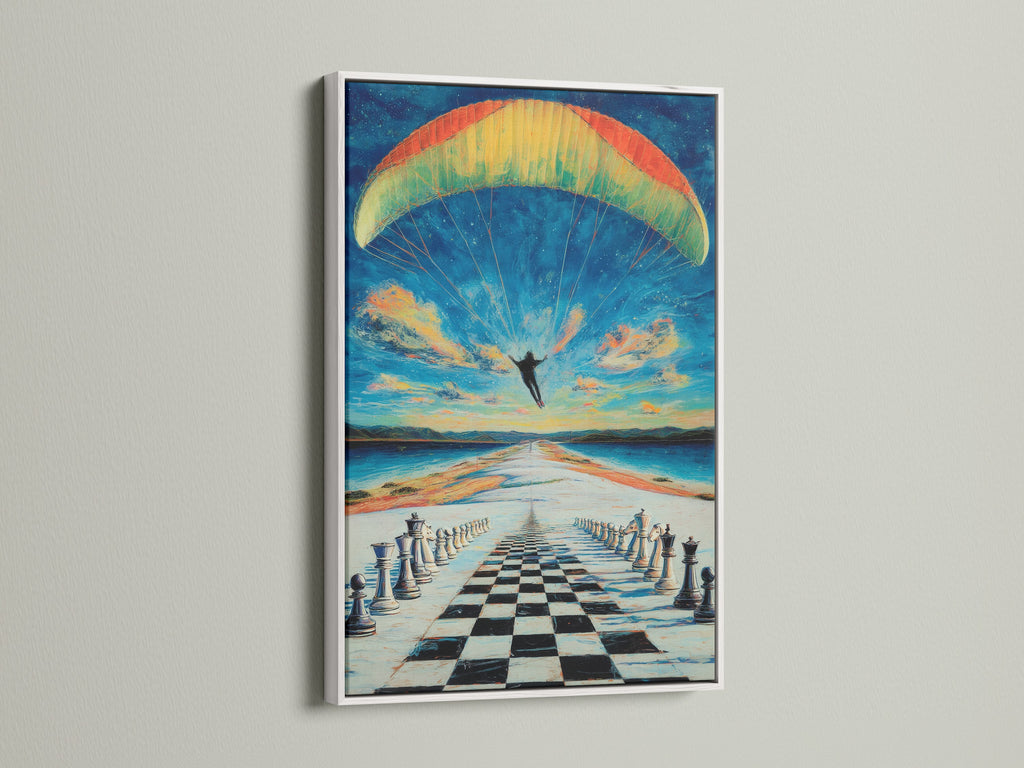 A captivating chess skydiving artwork is presented in a clean white frame. The contrast enhances the surreal details of the chessboard landscape. It's ideal for those seeking unique and modern wall art to elevate their interior.