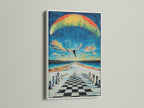 A captivating chess skydiving artwork is presented in a clean white frame. The contrast enhances the surreal details of the chessboard landscape. It's ideal for those seeking unique and modern wall art to elevate their interior.