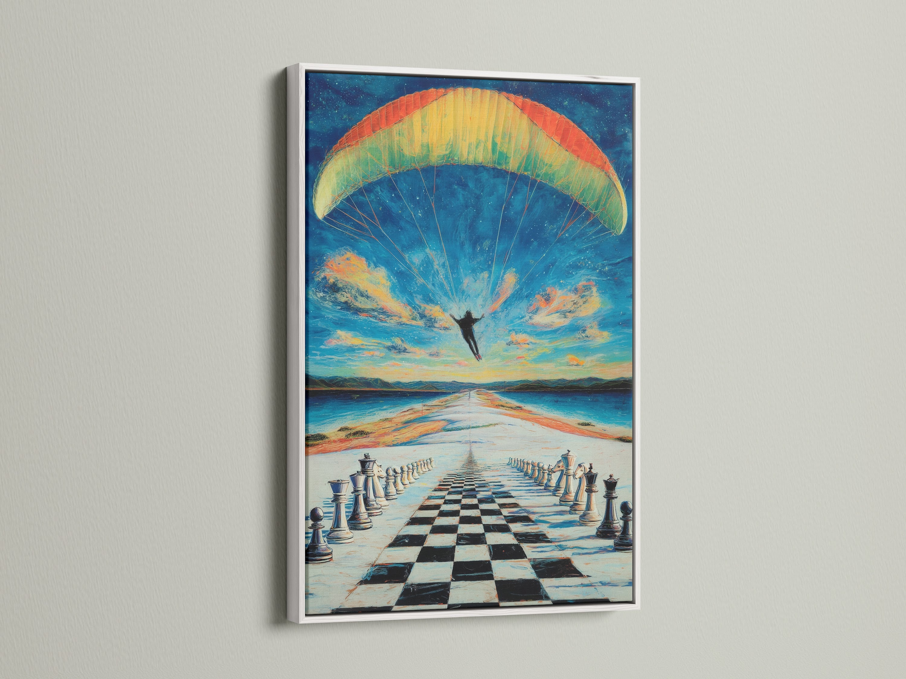 A captivating chess skydiving artwork is presented in a clean white frame. The contrast enhances the surreal details of the chessboard landscape. It's ideal for those seeking unique and modern wall art to elevate their interior.