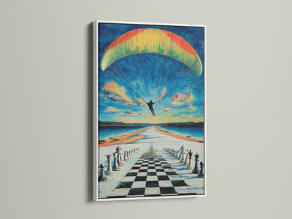 A captivating chess skydiving artwork is presented in a clean white frame. The contrast enhances the surreal details of the chessboard landscape. It's ideal for those seeking unique and modern wall art to elevate their interior.
