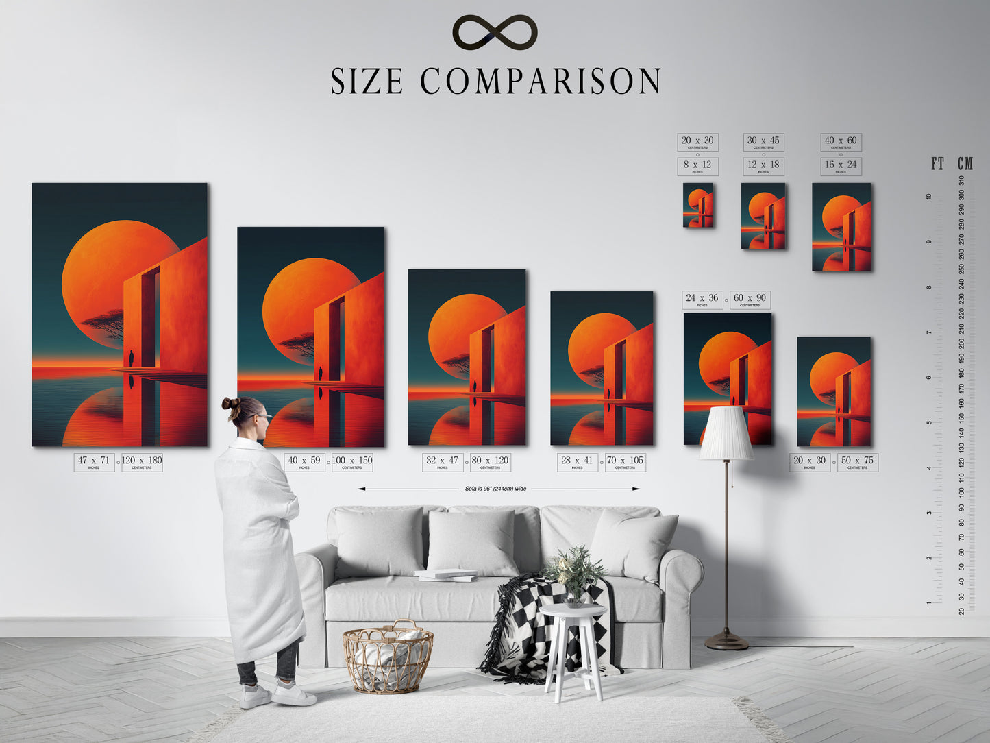 A size comparison chart is displayed in an interior setting. Various sizes of the abstract sunset artwork are shown. The modern geometric wall art fits various spaces. The coral orange print complements the decor. This chart helps visualize the perfect size. Ideal for those planning their wall decor. Choose the right size to enhance your space with this contemporary art.