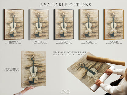 Explore available options for vintage violin art. Choose from a stretched canvas print fine art poster paper or floating frame. The neutral tones and rustic artwork suit any style. Enhance your space with this musical instrument.