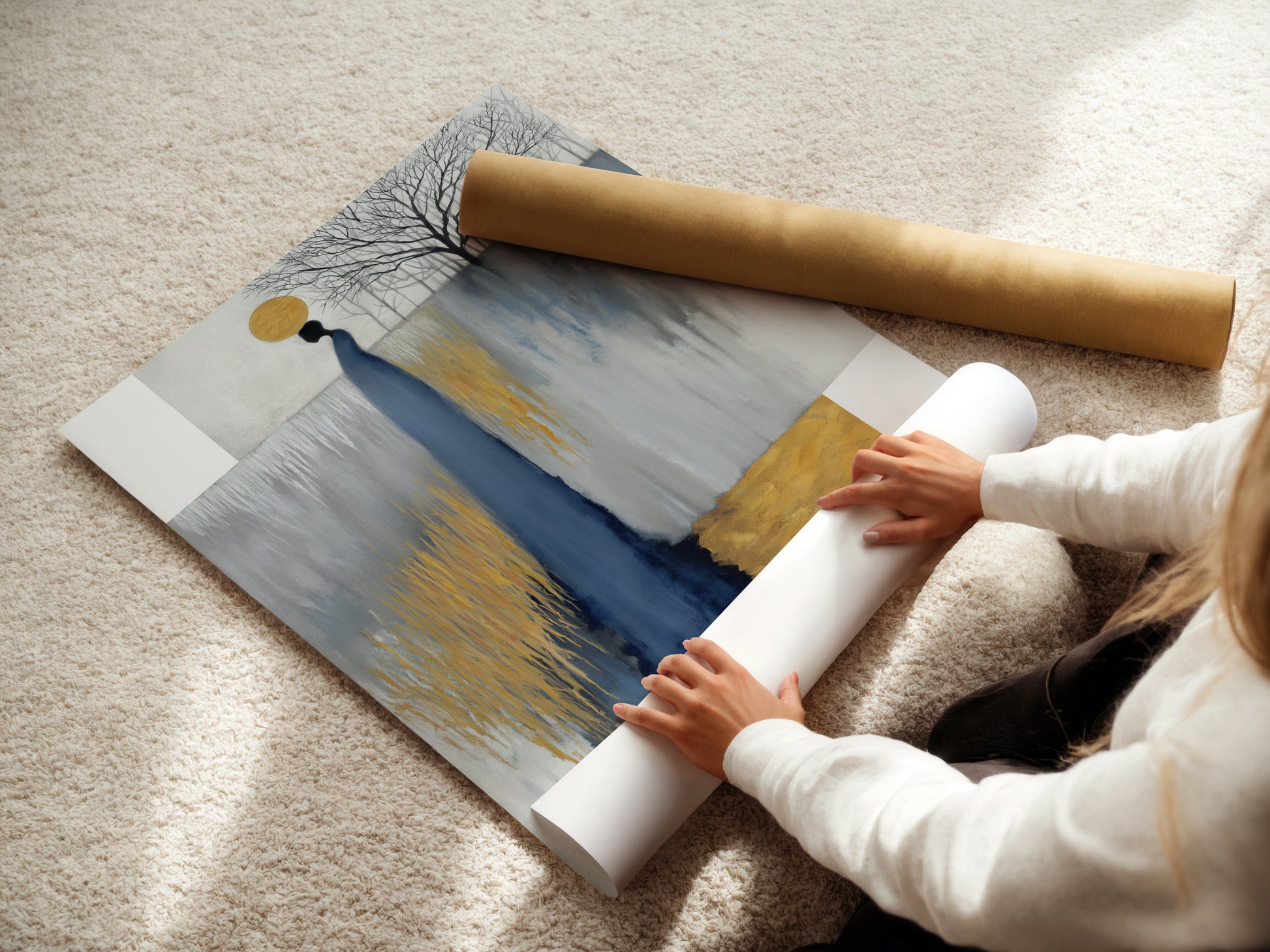 A woman is carefully rolling a fine art poster paper. She is ensuring its quality and preservation. The poster likely features abstract figure artwork with grey blue and gold colors. This demonstrates the care taken in preparing minimalist art for display.