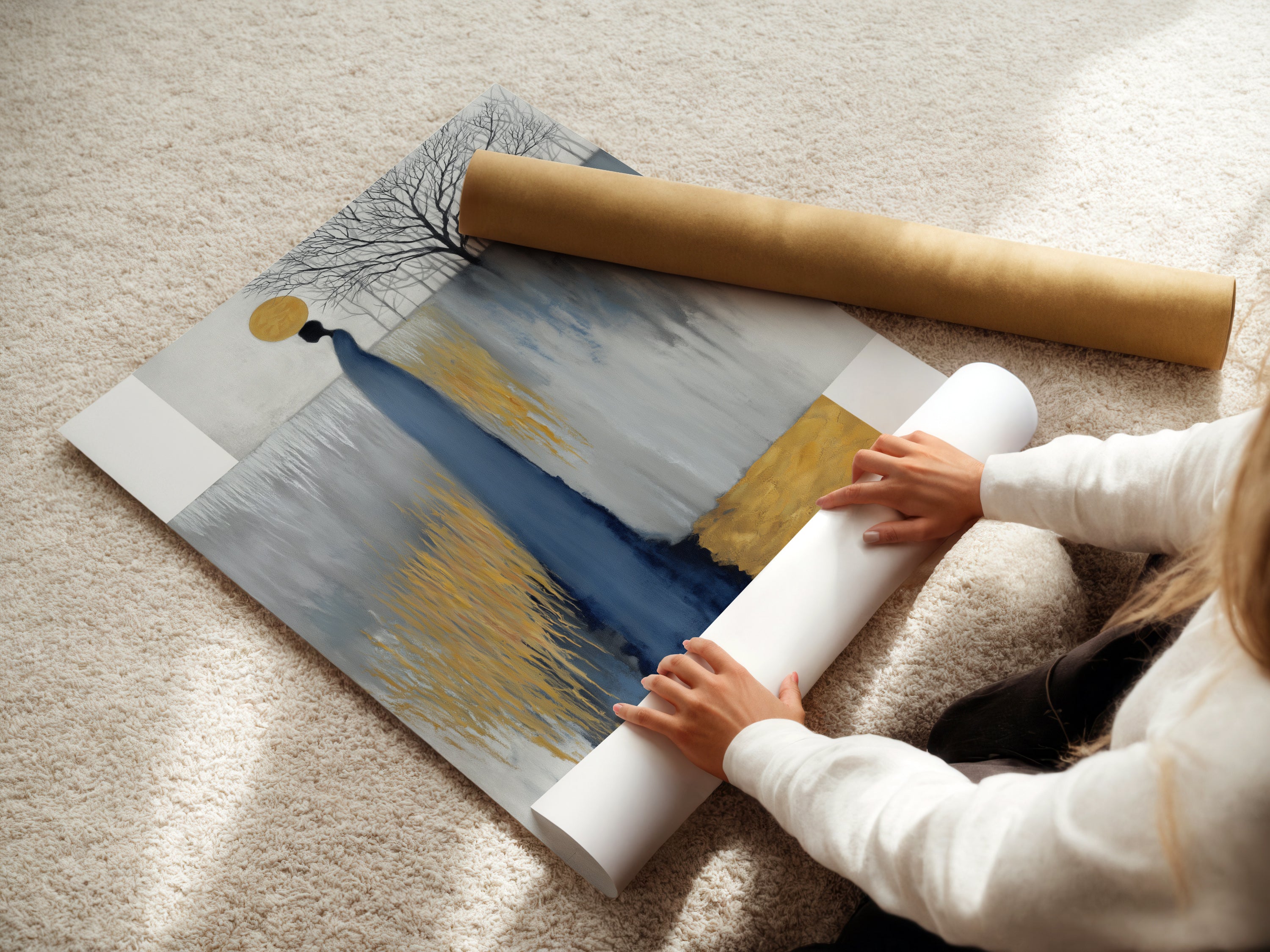 A woman is carefully rolling a fine art poster paper. She is ensuring its quality and preservation. The poster likely features abstract figure artwork with grey blue and gold colors. This demonstrates the care taken in preparing minimalist art for display.