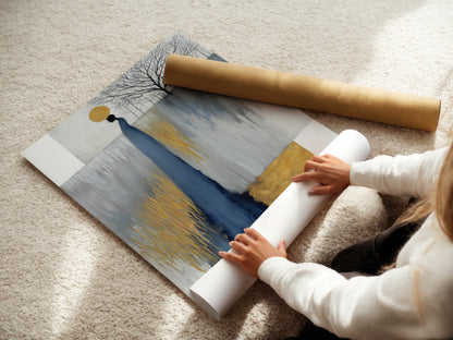 A woman is carefully rolling a fine art poster paper. She is ensuring its quality and preservation. The poster likely features abstract figure artwork with grey blue and gold colors. This demonstrates the care taken in preparing minimalist art for display.