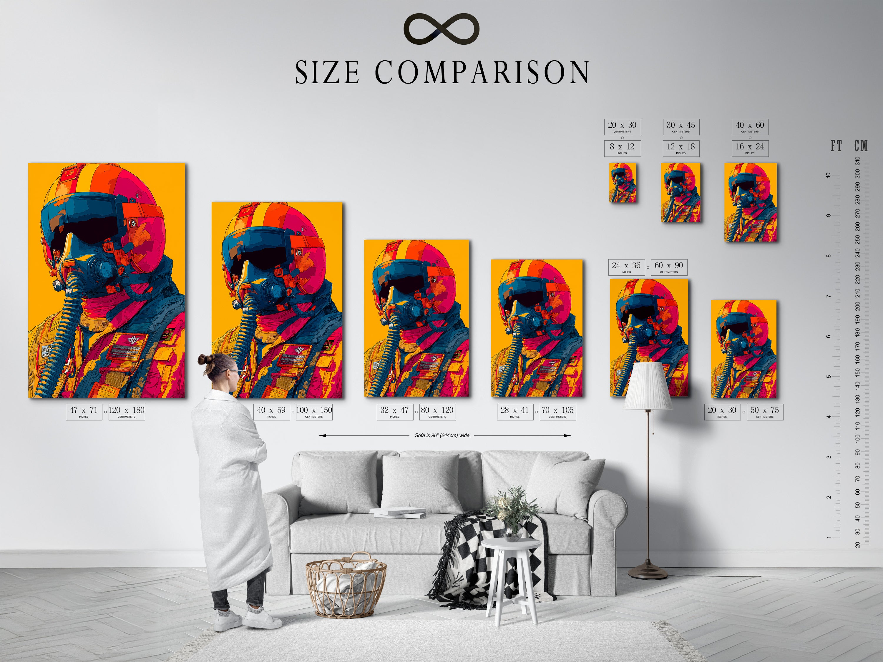 A size comparison chart is displayed in an interior setting. The chart shows various artwork dimensions. It helps visualize the ideal size for your space. Choose the perfect size to complement your room.
