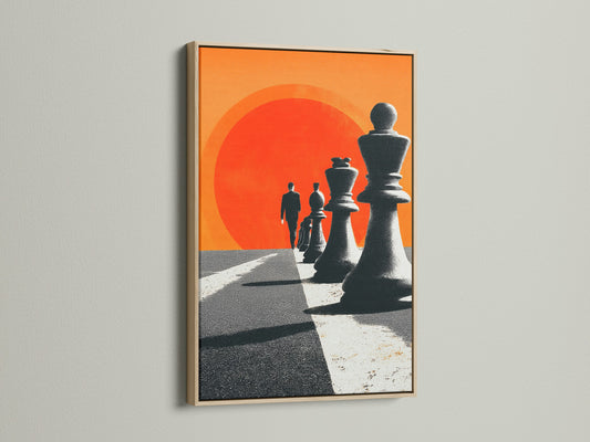 Oak frame artwork. The frame enhances the artwork's aesthetic. The piece features chess pieces and a figure walking towards a red sun. The oak frame offers a natural touch. Its timeless style makes it ideal for various interiors.