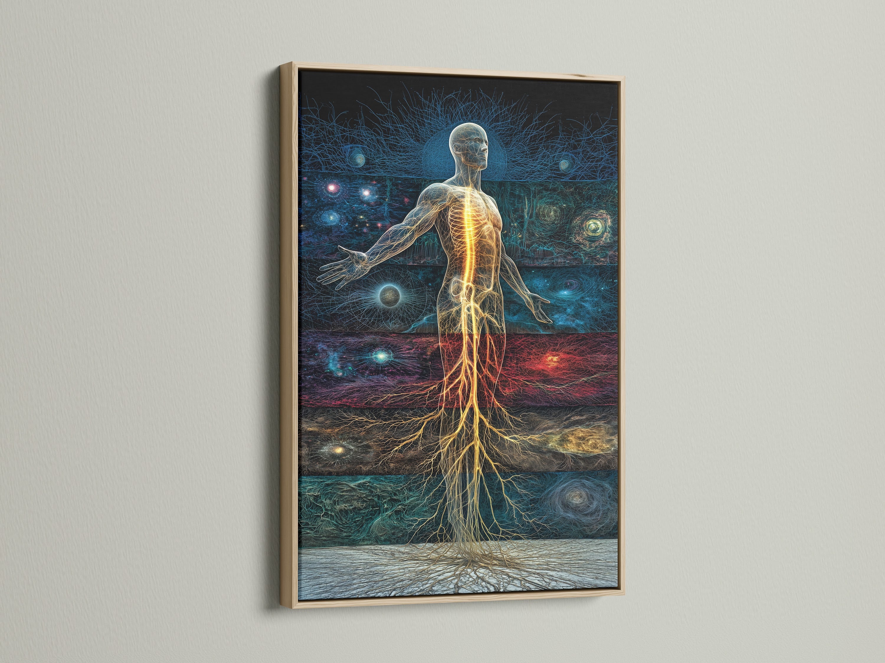 EV-02 features an oak frame. This frame enhances the artwork with a natural touch. The oak frame provides a classic and sophisticated look. Consider an oak frame to bring warmth to your artwork. It is a timeless framing choice.