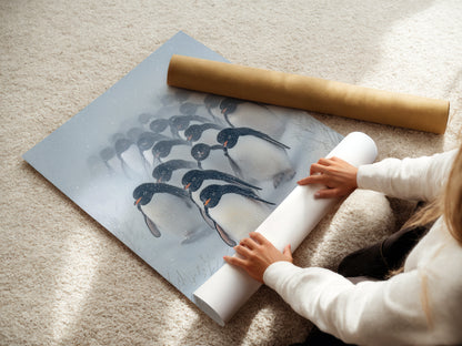 A woman carefully rolling a fine art poster paper print of penguin art. High-quality materials ensure a stunning piece. Perfect for adding a touch of wildlife to your walls. Ideal for coastal and nursery decor.