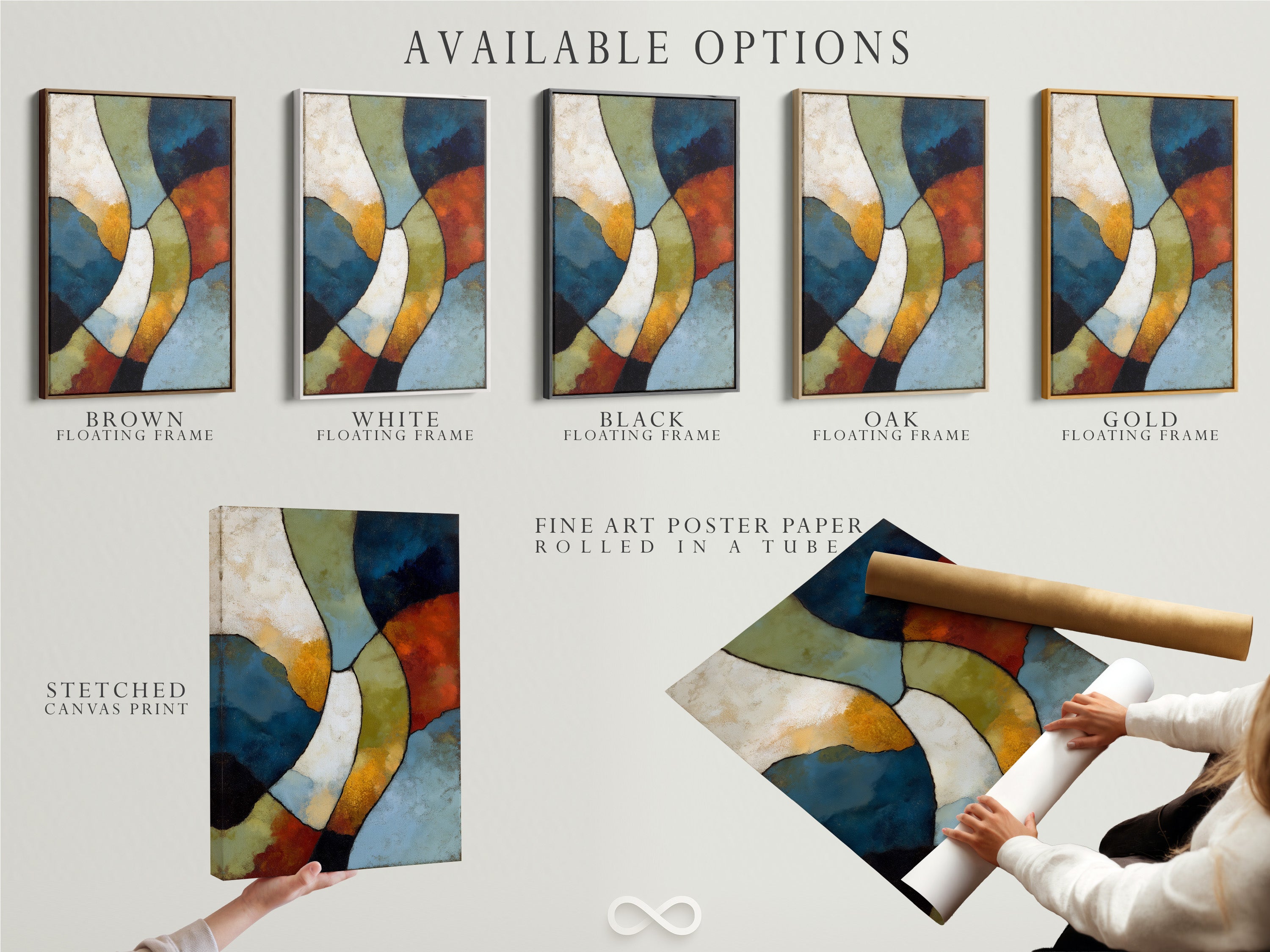 An overview of available options for abstract geometric artwork. Choose from stretched canvas prints fine art poster paper or floating frames. Customize your art to fit your style and space. Elevate your wall decor with these contemporary options.