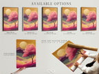 Available options are showcased. Options include a stretched canvas print fine art poster paper and floating frame. The Japanese Cherry Blossom artwork is featured. The artwork features a pink sunset mountain landscape for zen wall decor.