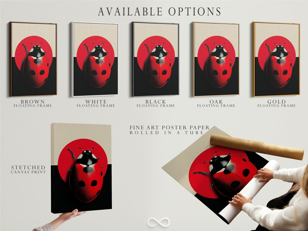 This image displays available options for the ladybug artwork. Choose from a stretched canvas print fine art poster paper or floating frame. This red insect canvas is perfect for playroom decor. Find the ideal format for your kids' wall art.
