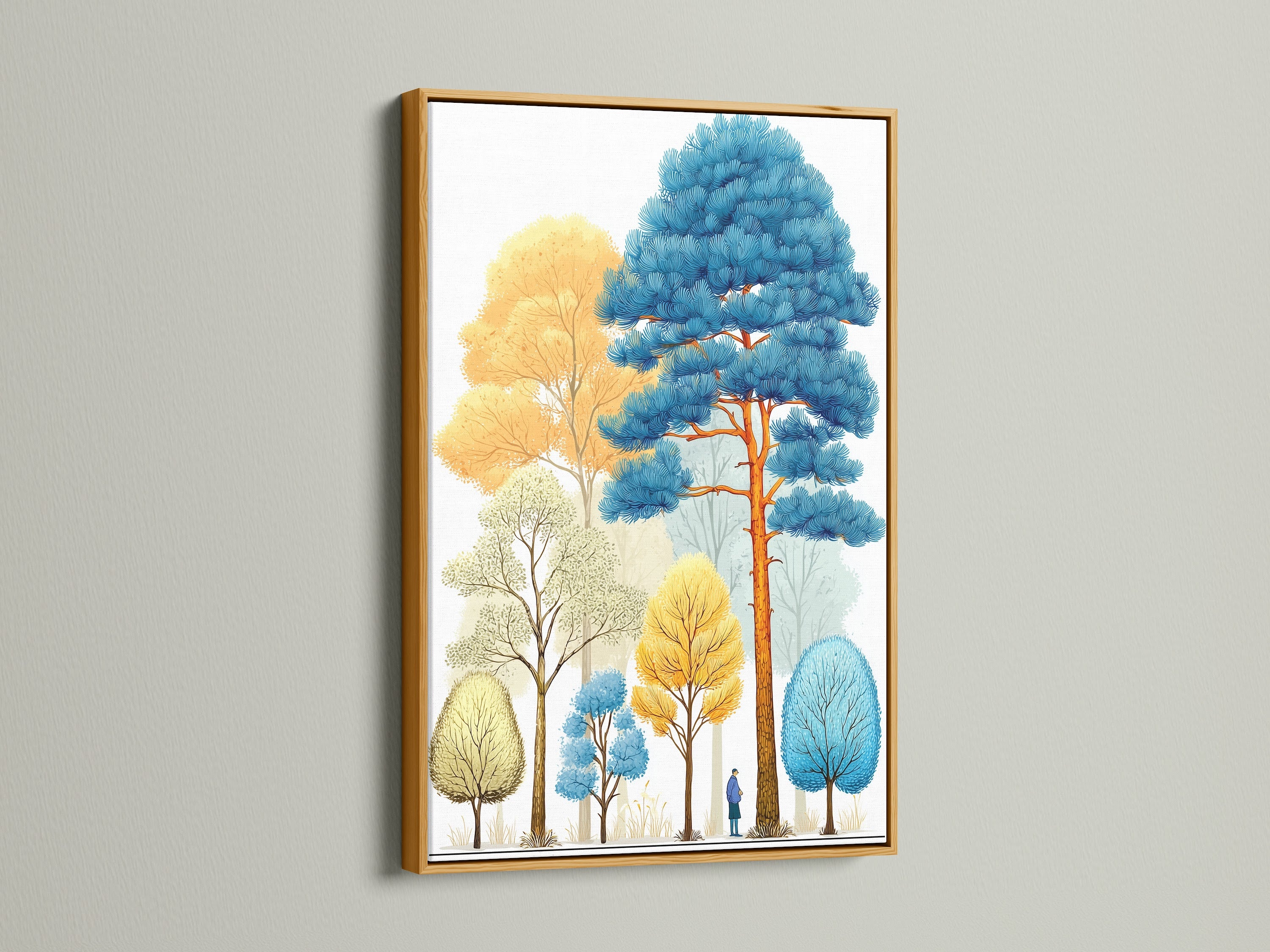 A gold frame adds a touch of luxury to this colorful forest artwork. The modern woodland art enhances any room's decor. This abstract print is perfect for creating a sophisticated look. Explore our tree wall decor options for your home or office.