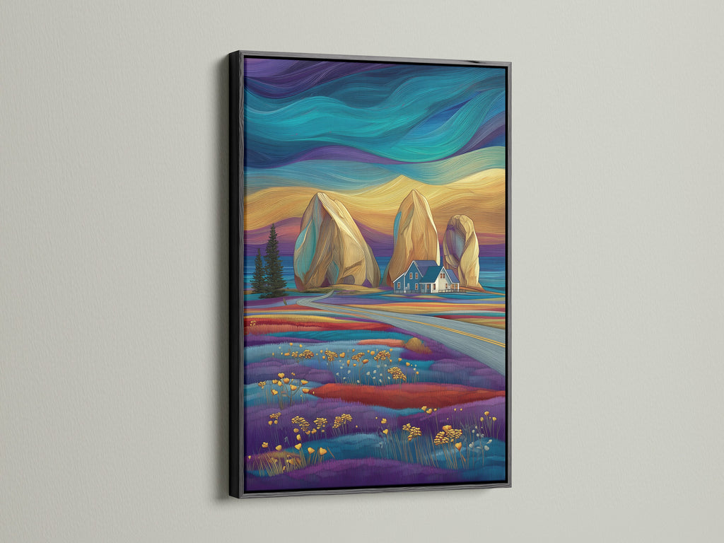 Coastal landscape artwork in a black frame. Features teal and purple colors in a stylized seascape print. A striking piece of landscape artwork. Enhances living spaces with nautical wall art.