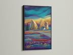 Coastal landscape artwork in a black frame. Features teal and purple colors in a stylized seascape print. A striking piece of landscape artwork. Enhances living spaces with nautical wall art.