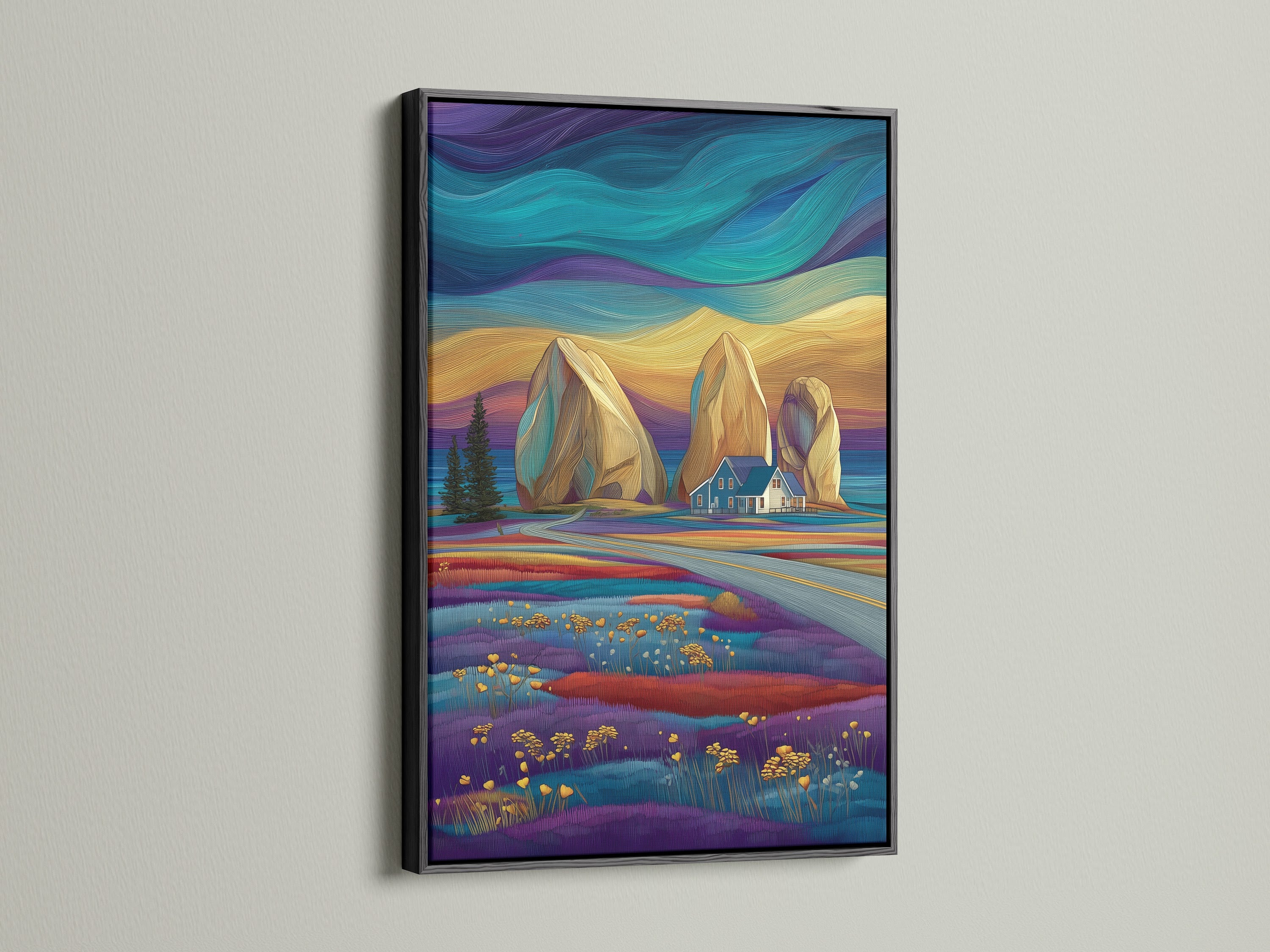 Coastal landscape artwork in a black frame. Features teal and purple colors in a stylized seascape print. A striking piece of landscape artwork. Enhances living spaces with nautical wall art.