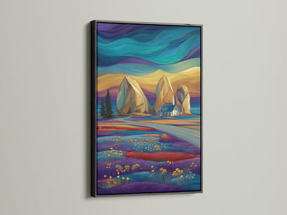 Coastal landscape artwork in a black frame. Features teal and purple colors in a stylized seascape print. A striking piece of landscape artwork. Enhances living spaces with nautical wall art.