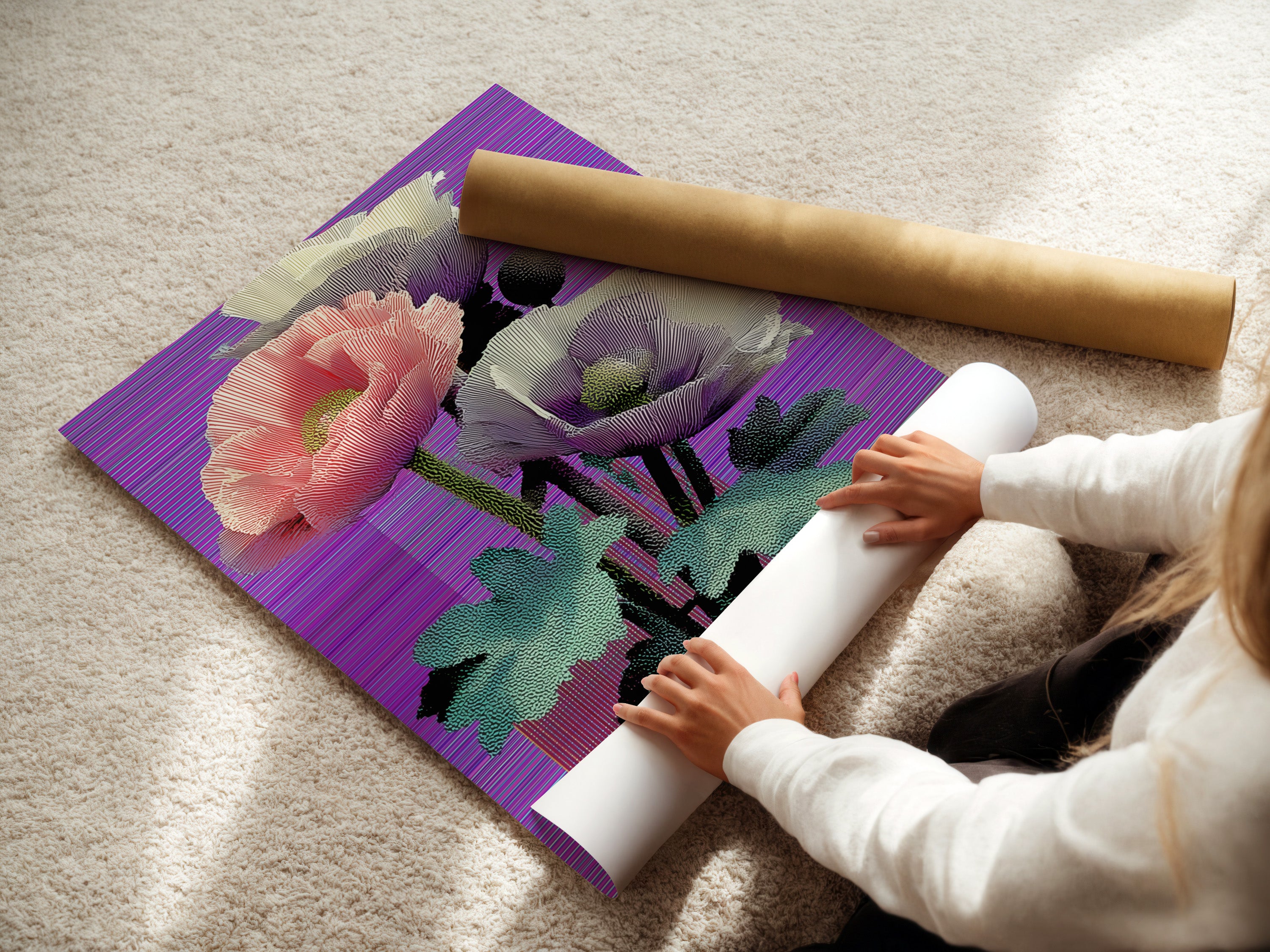 A woman is carefully rolling a fine art poster paper. The paper showcases a vaporwave poppy art print. The retro glitch botanical artwork is vibrant. High-quality materials ensure a stunning final product. Perfect for art enthusiasts.