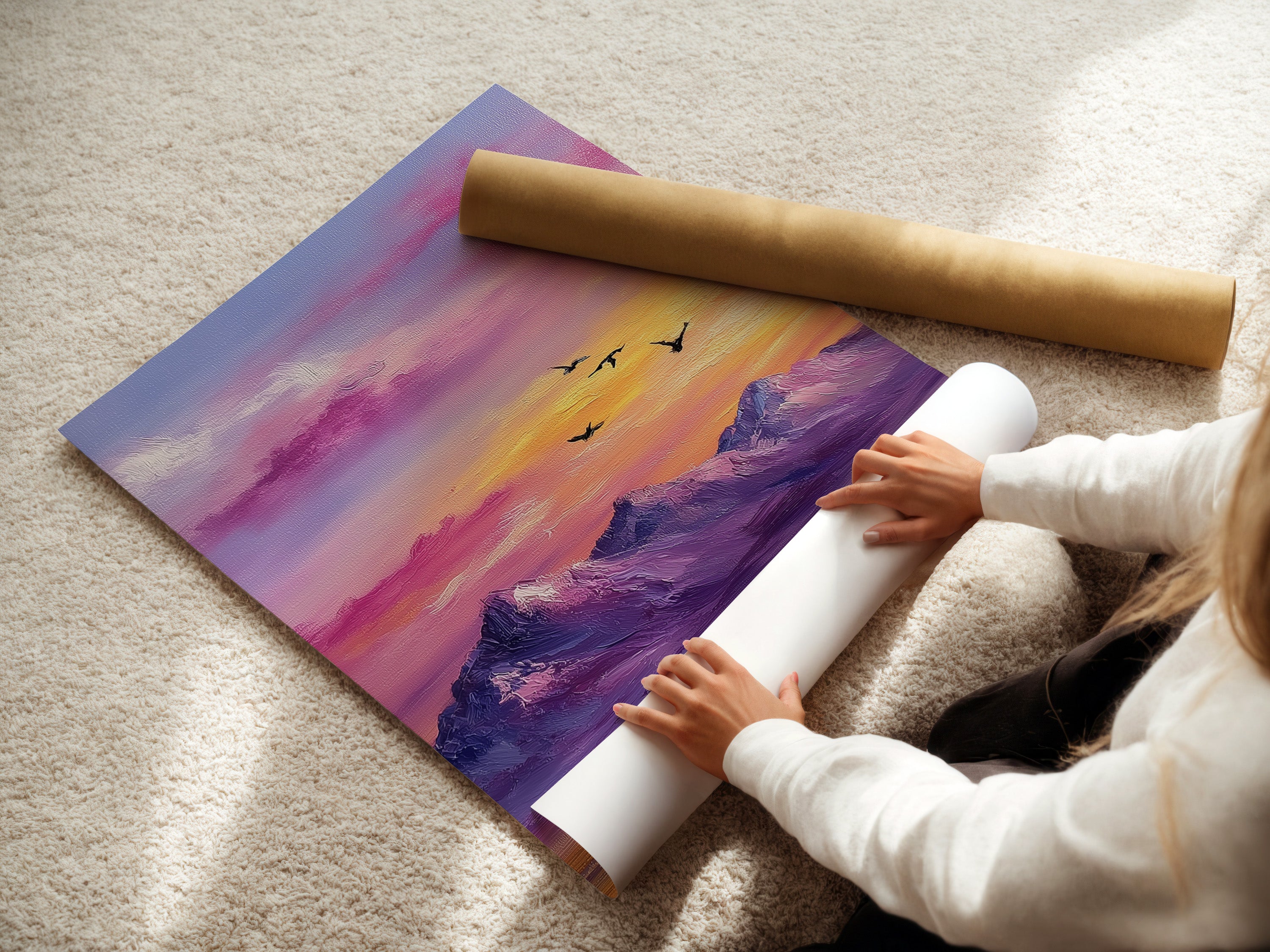 Mountain Sunset Canvas Print - Purple Pink Sky Wall Art, Colorful Landscape Artwork for Bedroom Decor