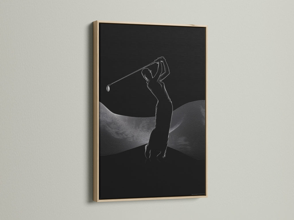 This sports canvas print showcases a golfer silhouette in action. The minimalist design is perfect for office decor or a man cave. It is displayed in a classic oak frame that enhances its contemporary style.