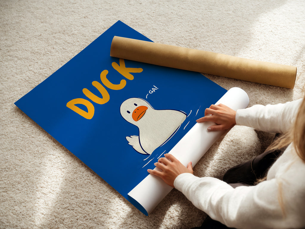 Woman Rolling a Fine Art Duck Poster Paper. This funny animal art is perfect for nursery wall decor. The blue and orange colors add a contemporary style to a kids room. This cute duck artwork makes a great gift for parents.