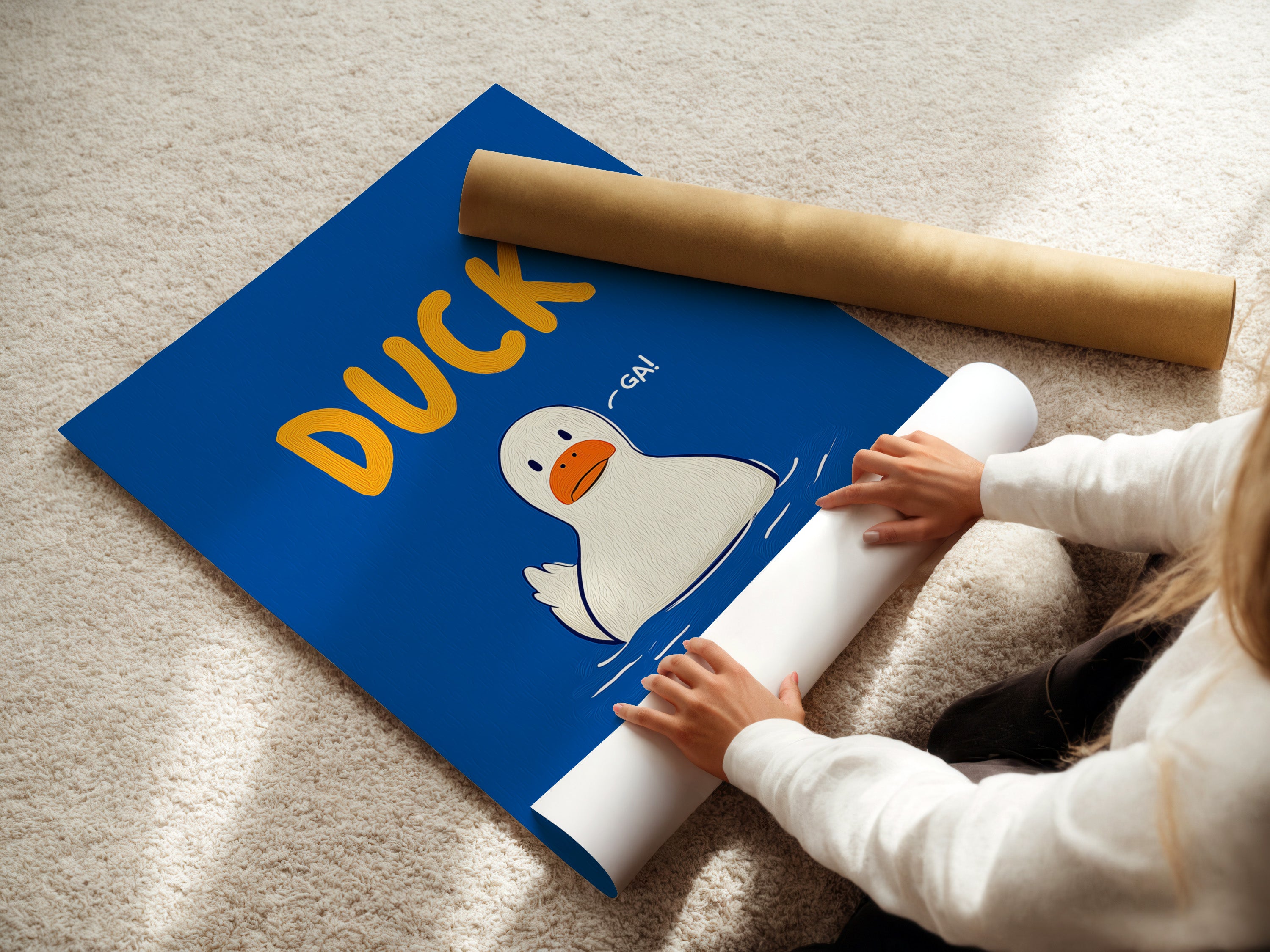 Woman Rolling a Fine Art Duck Poster Paper. This funny animal art is perfect for nursery wall decor. The blue and orange colors add a contemporary style to a kids room. This cute duck artwork makes a great gift for parents.