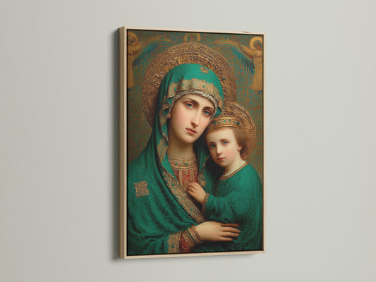 A beautiful portrait of a mother and child is displayed in an oak frame. The light wood complements the art. Perfect for adding a touch of warmth to any room. Get yours today!
